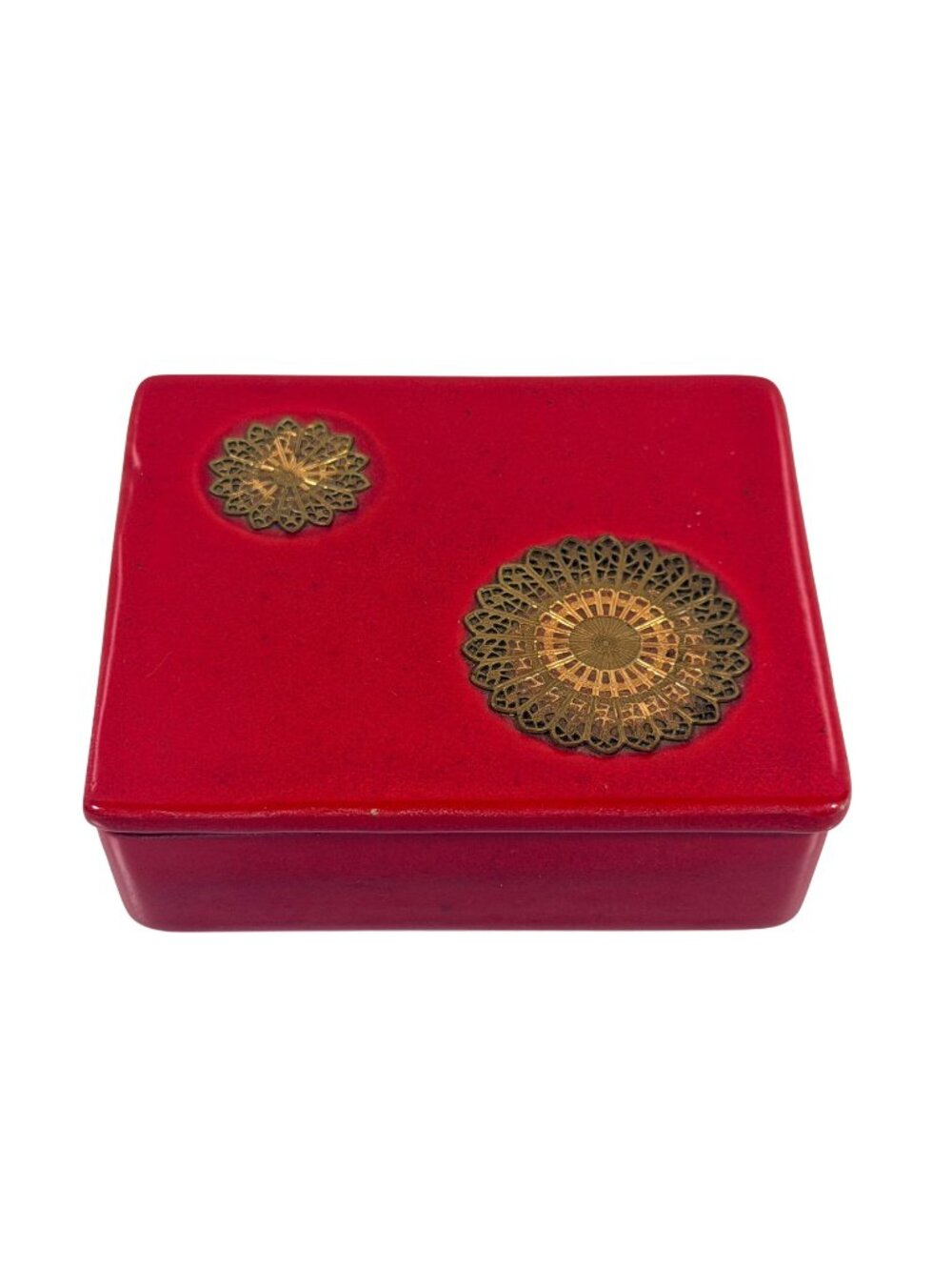 RARE Vintage Royal Haeger Red Dresser Trinket Box Brass Mandalla Accents R1688-S